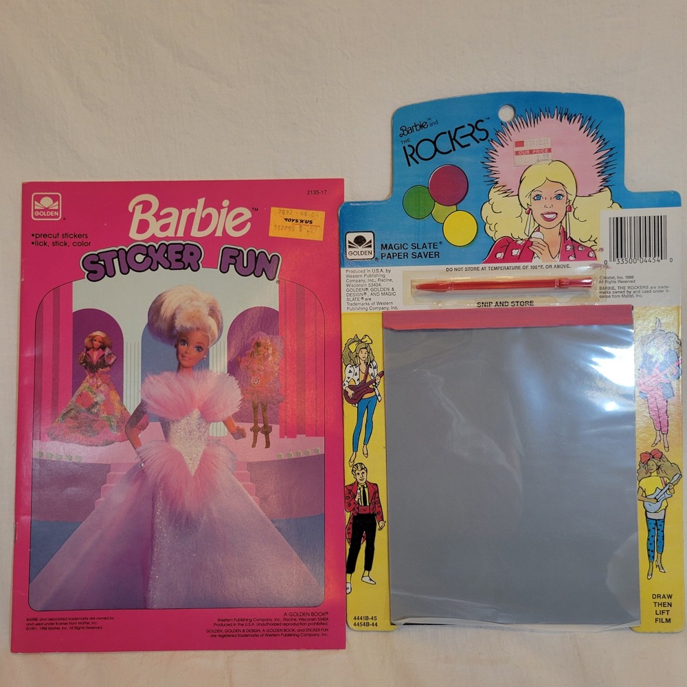 Barbie Sticker Fun Book & Rockers Magic Slate Set Pink 1986 1991 Vintage